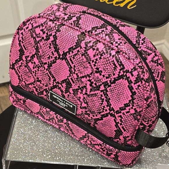 Kendall & Kylie Neon Pink Snakeskin Print Zip Around Travel Cosmetic Case - Picture 3 of 8